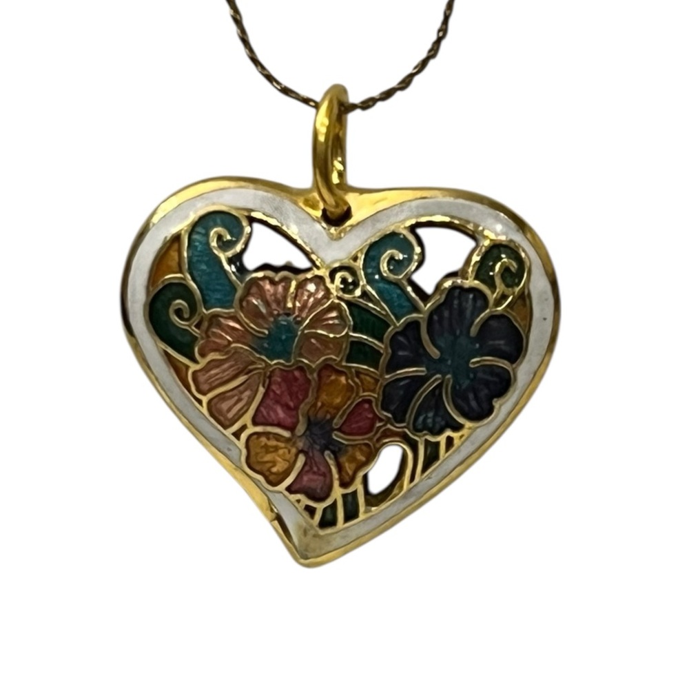 Vintage Cloisonne Heart Pendant Brass 18” Necklace‎ Floral Enamel Double Sided